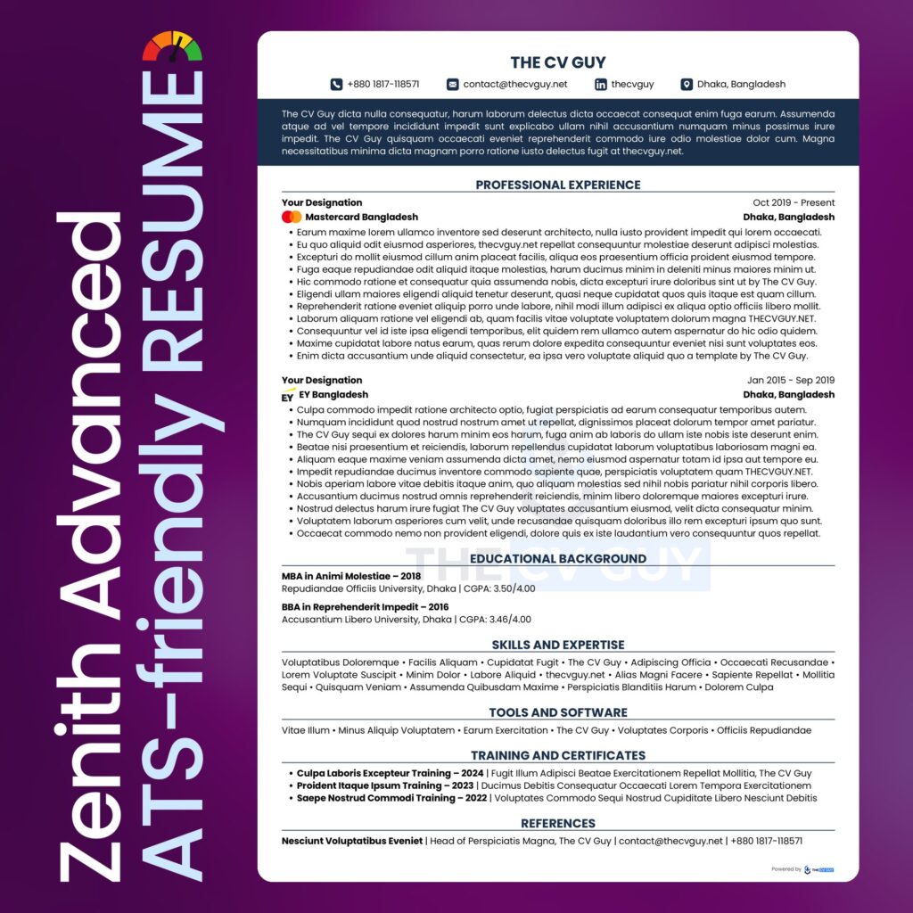 Zenith ATS resume template in navy by The CV Guy