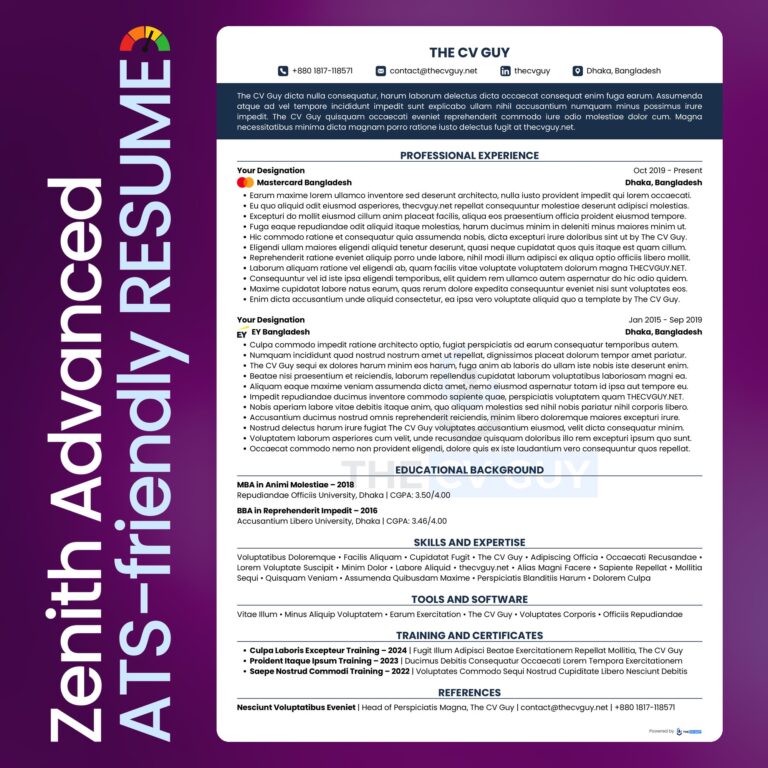 Zenith ATS resume template in navy by The CV Guy, best for banking and financial services